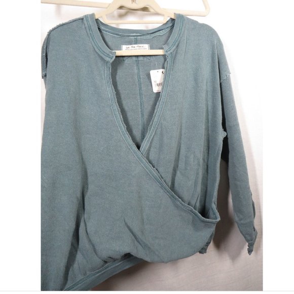Free People Deep Teal Cotton blend Drapey Long Sleeve Wrap Front Sweater Size M - Picture 7 of 10